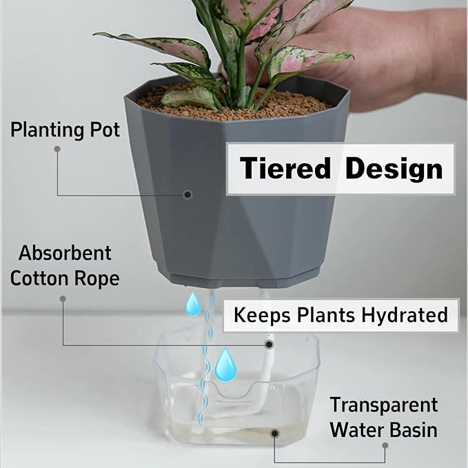 3 Packs Self Watering Plant Pots, Plastic Flower Pots with Drainage Hole and Saucer, Self Watering Planters for Indoor Outdoor Garden Plants, African Violet, Herbs (White, 6.7")