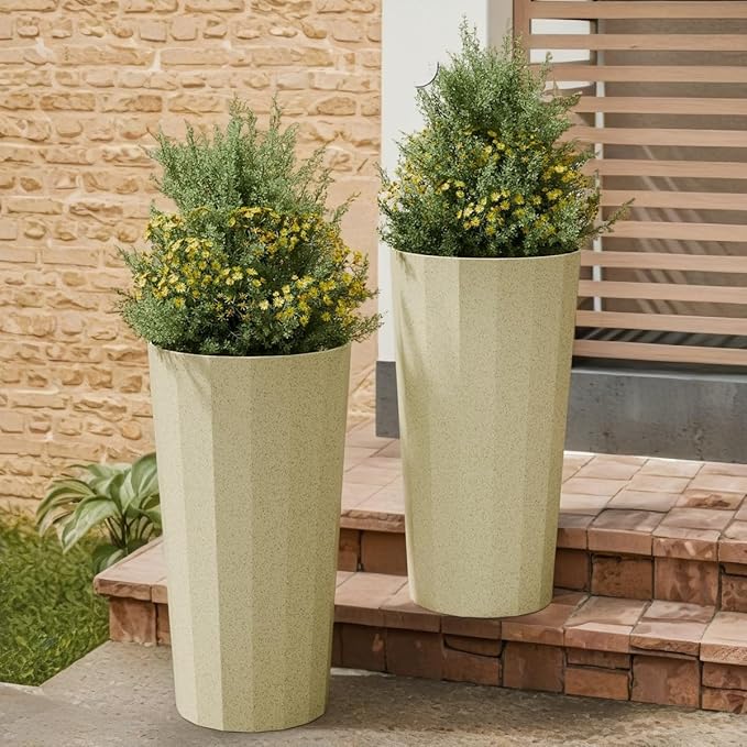 23.6" H Tall Planters for Outdoor Plants, 2 Pack Large Outdoor Planters for Porch Decor with Automatic Drainage Hole, Plastic Stripe Design Flower Pots Fits Indoor Plants Patio Garden, Black