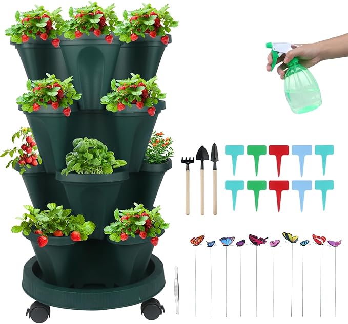 Vertical Planter 4 Tier Stackable Planters Garden Planters Strawberry Herb Flower and Vegetable Planter Indoor Outdoor Gardening Pots with Removable Wheels and Tools