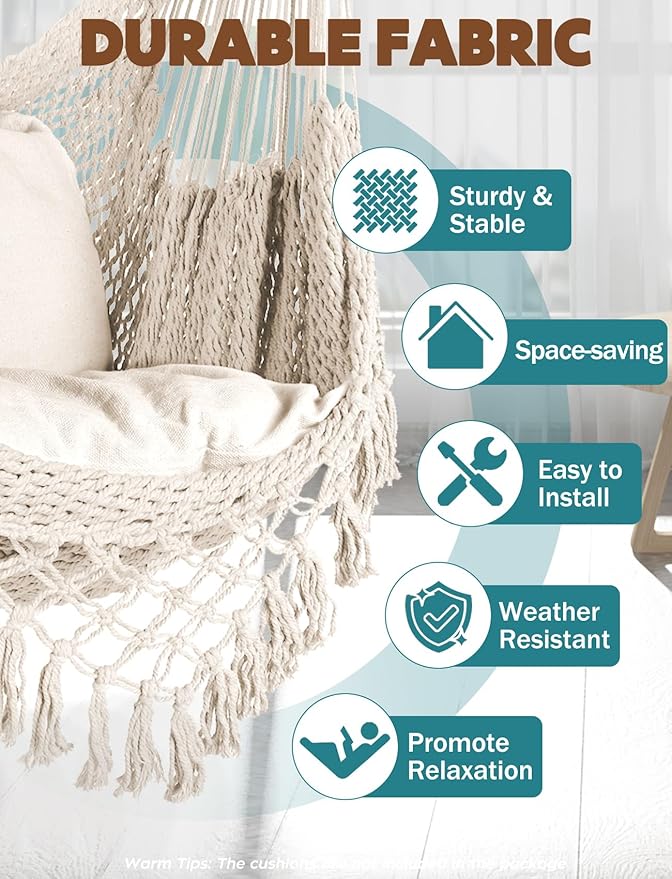 Chihee Hammock Chair Super Large Soft-Spun Cotton Rope Weaving Hanging Chair, Collapsible Strong Metal Spreader Bar Wide Seat Lace Stretch Swing Chairs Indoor Outdoor Garden Yard Theme Decoration