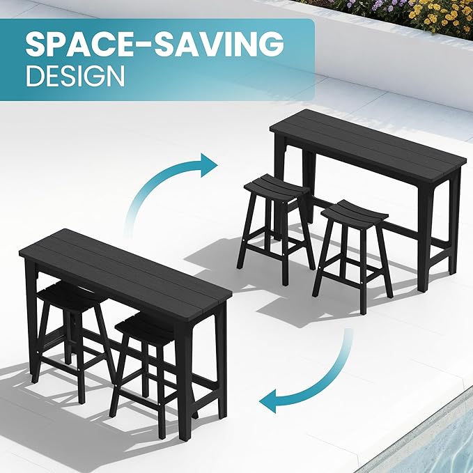 Ciokea 3 Pcs Outdoor Bar Height Table and Stools Set, 60" Extra Long Rectangle High Top Table and 2 Backless Bar Stools, Heavy-Duty All-Weather HDPE Patio Bar Set for Backyard Balcony Deck, Black