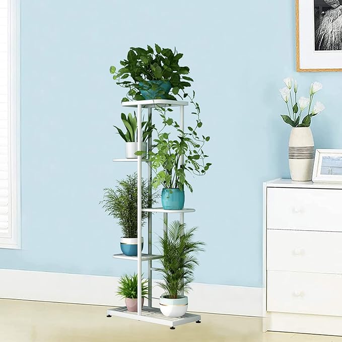LINZINAR Plant Stand Metal 5 Tier 6 Potted Multiple Flower Pot Holder Shelf Indoor Outdoor Planter Display Shelving Unit for Patio Garden Corner Balcony Living Room (5 Tier 6 Potted, White)