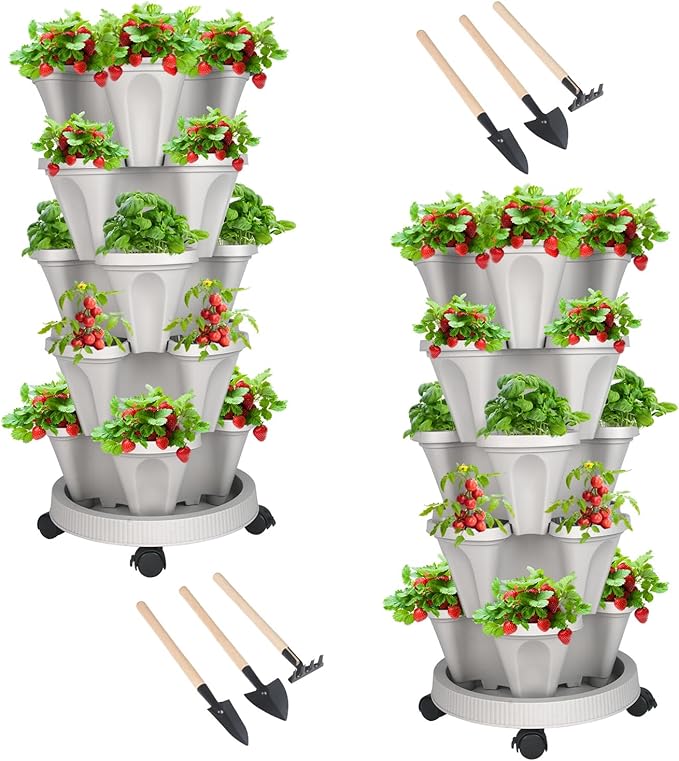 DUNCHATY Stackable Planter, Vertical Garden Planter with Wheels and Garden Tools, Strawberry Planter Indoor/Outdoor 5 Tier Herb Planter Pots for Growing Vegetables and Succulents,Gray