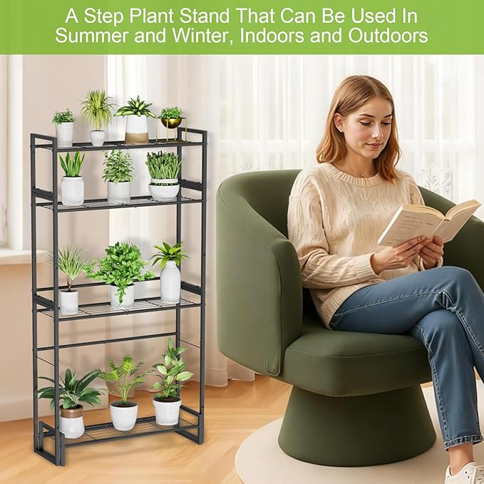 Plant Stand, 4 Tier Stackable Tiered Plant Stand, Scalable Heavy Duty Tall Plant Shelf for Indoor Outdoor, Garden, Display Shelves, Flower Pot Holder, Black