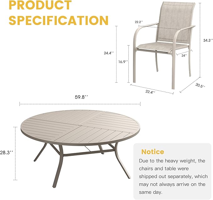 VICLLAX Patio Table and Chair Set of 10, All Weather Metal Round Outdoor Dining Furniture Set-59.9" Round Outdoor Table and Chairs, Sandshell Tabletop