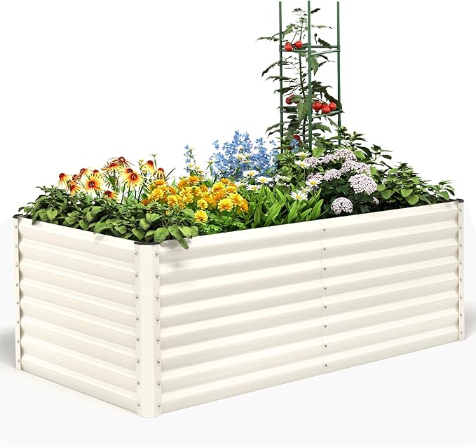 Quictent Galvanized Raised Garden Bed Metal Planter Box Bottomless for Backyard Outdoor, Include 1 pc Tomato Cage, Beige, 6x3x2 Ft