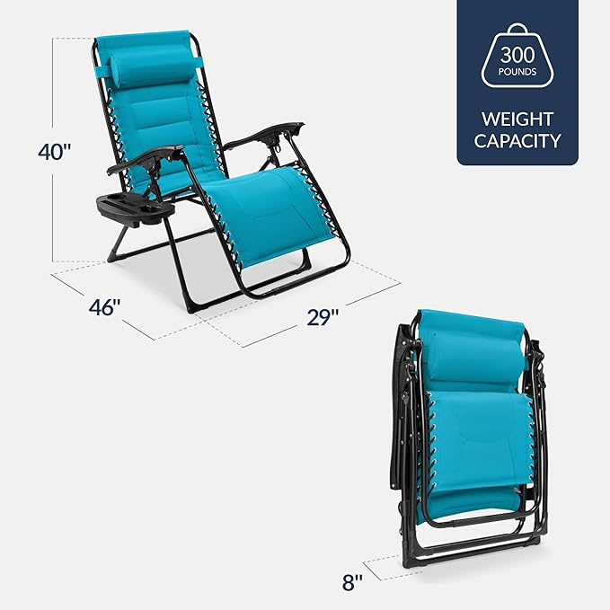 Best Choice Products Oversized Padded Zero Gravity Chair, Folding Outdoor Patio Recliner, XL Anti Gravity Lounger for Backyard w/Headrest, Cup Holder, Side Tray, Polyester Mesh - Aqua Blue