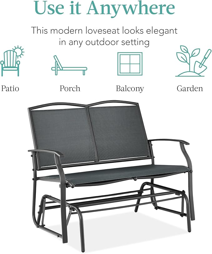 Best Choice Products 2-Person Outdoor Patio Swing Glider Steel Bench Loveseat Rocker for Deck, Porch w/Textilene Fabric, Steel Frame - Dark Gray