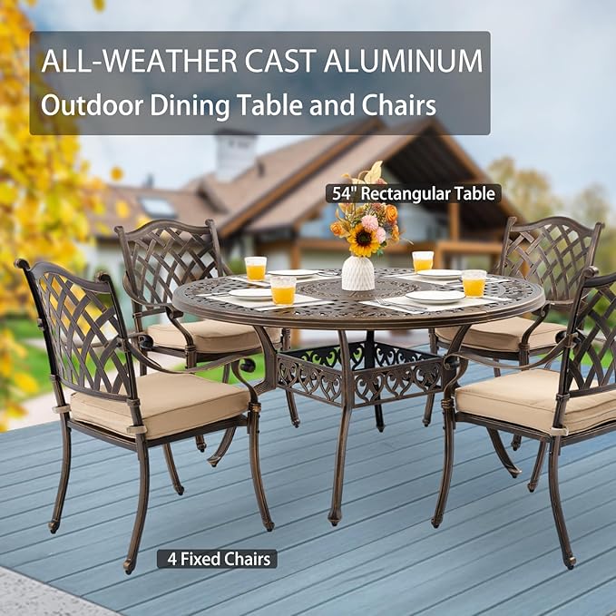 5-Piece Cast Aluminum Patio Furniture, Outdoor Dining Sets for 4 Include 54" Round Patio Dining Table and 4 Stackable Chairs with Cushions & Umbrella Hole (Bronze)