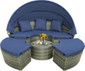 Tangkula Outdoor Round Daybed with Retractable Canopy, PE Wicker Sectional Seating Furniture with Cushions and Throw Pillows, Separates Cushioned Seats for Backyard, Poolside (Navy)