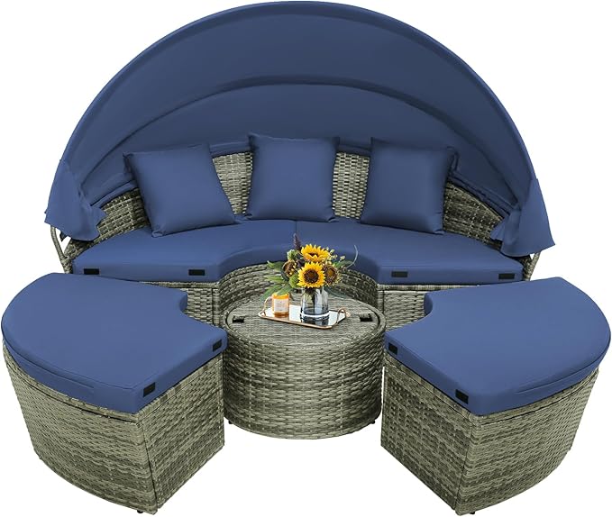 Tangkula Outdoor Round Daybed with Retractable Canopy, PE Wicker Sectional Seating Furniture with Cushions and Throw Pillows, Separates Cushioned Seats for Backyard, Poolside (Navy)