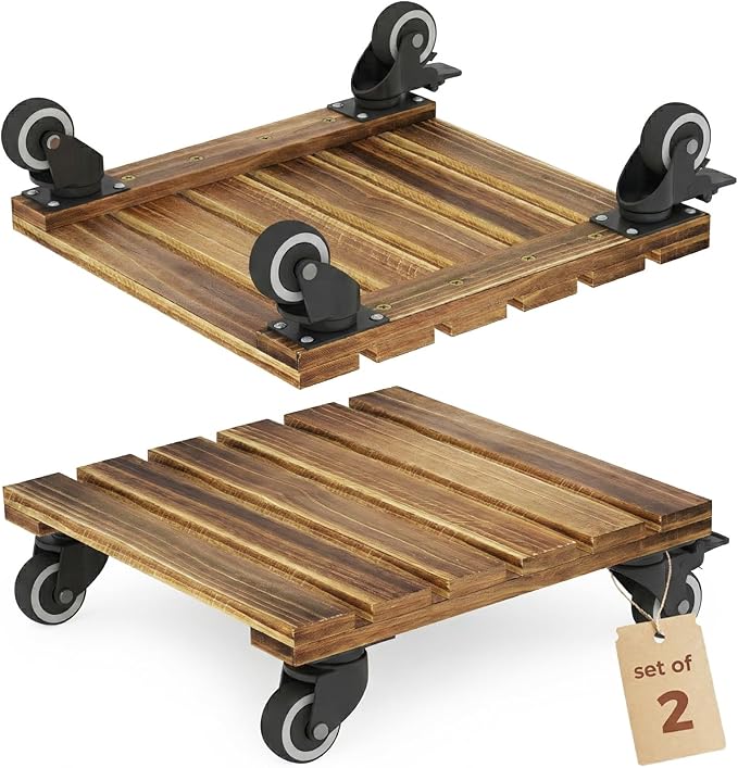 Bamworld 14 Inch Large Plant Stand Wood Plant Caddy with Wheels Heavy Duty Plant Dolly with 360 Lbs Capacity, 360° Lockable Wheels for Large Plant Pots, Indoor and Outdoor Use 2-Pack