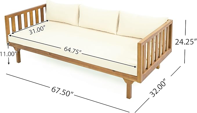 Merax Outdoor Acacia Wood Conversation Set - Patio 3-Seat Loveseat Sofa w/Coushion and Round Coffee Table for Backyard, Lawn, Balcony, Teak+Beige