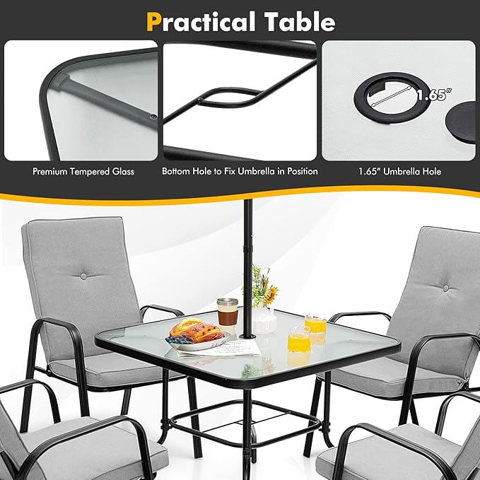 Tangkula 35" Patio Dining Table for 4, Square Outdoor Dining Table with Tempered Glass Tabletop, 1.65" Umbrella Hole & Metal Frame, 4-Person Outside Dining Table for Backyard, Lawn, Deck & Poolside