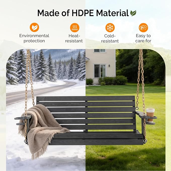 VINGLI Heavy Duty 1600 LBS HDPE Porch Swing Outdoor with Rotatable Cup Holder, 4 FT Patio Bench Swing with Adjustable Chains, 2 Person Hanging Porch Swing Chair for Porch, Yard, Tree, Garden - Grey