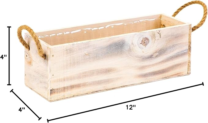 Wooden Planter Box with Handle I Rustic Whitewash I Plastic Liner l Garden Decor l Restaurant and Wedding Decorations l Table Centerpiece (12x4 w Handle Set of 4, Whitewash)