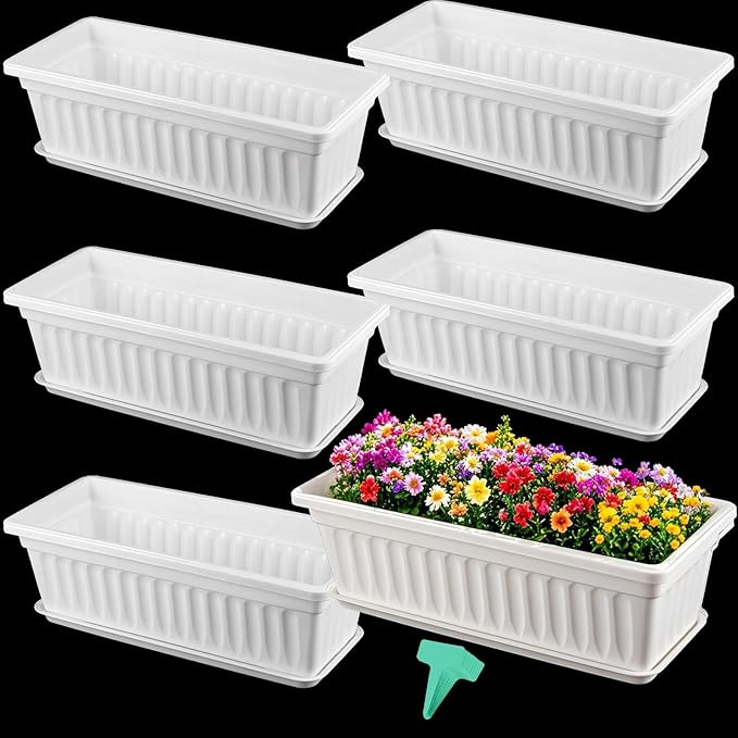 6 Pack 17 Inches Countryside Flower Box Planters, Plastic Vegetable Planters with 30 PCS Plant Labels, White Flower Window Boxes with Attached Tray for Windowsill, Patio, Garden, Balcony…