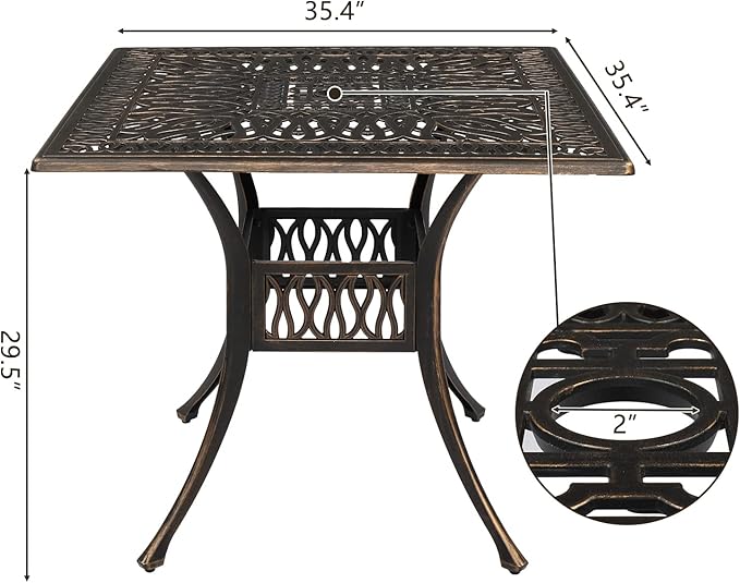 VINGLI 5-Piece Outdoor Patio Dining Set, Cast Aluminum All-Weather Outdoor Table and Chairs w/Cushion, Outdoor Furniture Set w/Umbrella Hole for Backyard Deck Poolside (Square, Elizabeth Back)