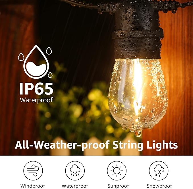 Lepro S14 Outdoor String Lights - 50ft with 15 Shatterproof LED Edison Bulbs, Waterproof Bistro Lights for Deck, Pergola, Porch, Garden, Gazebo