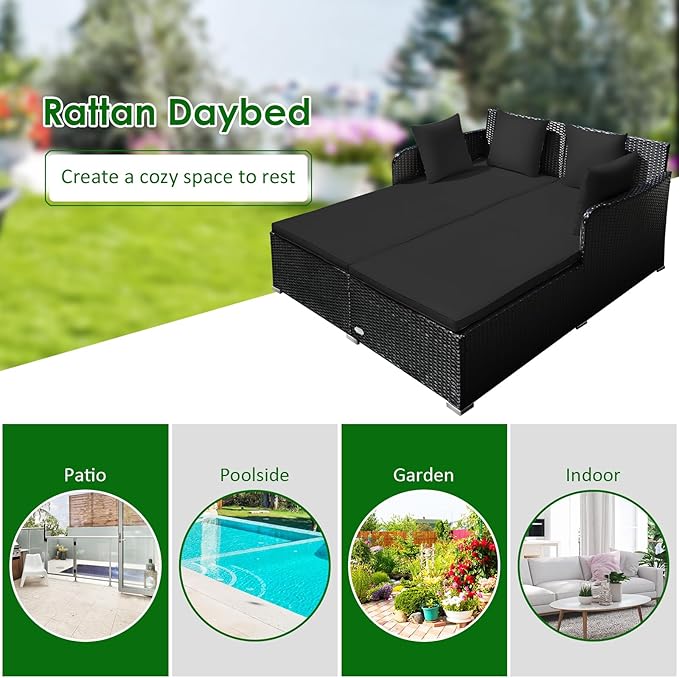 Tangkula Outdoor Rattan Daybed, Wicker Furniture with Spacious Seat, Upholstered Cushion & High-Resilience Sponge, Patio Sofa Set with 4 Pillows, 2-Person Sunbed for Poolside Backyard Garden & Balcony