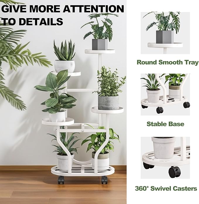 Plant Stand Indoor Outdoor 4 Tier Flower Holder with Wheels Metal Plant Shelf Corner Display Rack Multi Plants Sheleves for Living Room Garden Patio White
