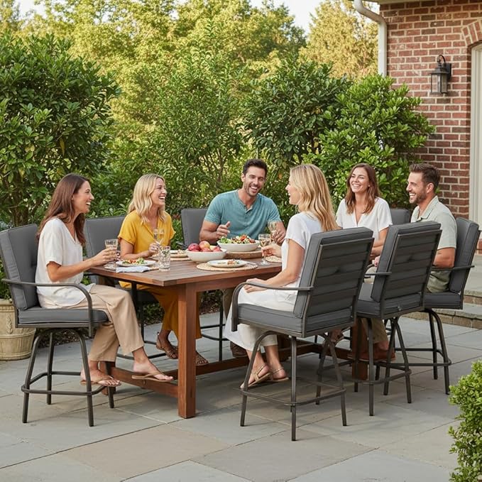Patio Swivel Bar Stools Set of 6, Outdoor Bar Height Swivel Chairs with Cushions for Garden Balcony Backyard, Grey
