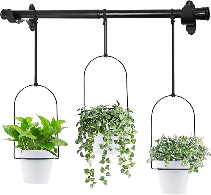 DOUBFIVSY Hanging Planters for Indoor Plants Plant Hanger, Adjustable Hanging Window Planter Hanging Wall Planter for Garden, 23in Plant Shelves Metal Holder Rod with Pots (Black)