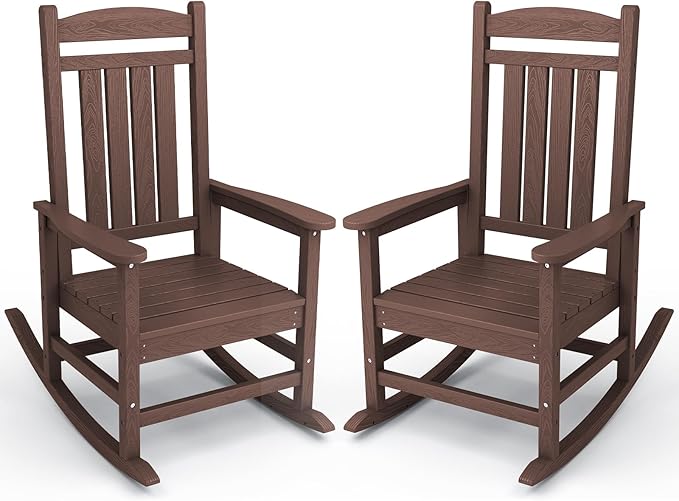 KINGYES Outdoor Rocking Chair Set 2, All Weather HDPE Patio Rocking Chairs for Adults, Coffee Brown