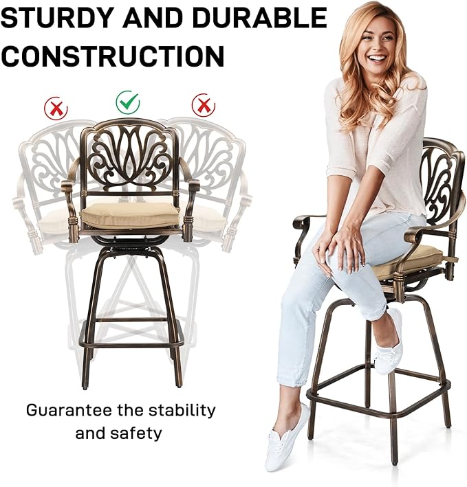 VINGLI 3 Piece Outdoor Bar Set, Cast Aluminum Outdoor Swivel Bar Stools and Table w/Umberlla Hole, All-Weather Outdoor Bar Table and Chairs Set w/Cushions for Patio Balcony(Elizabethan Back)