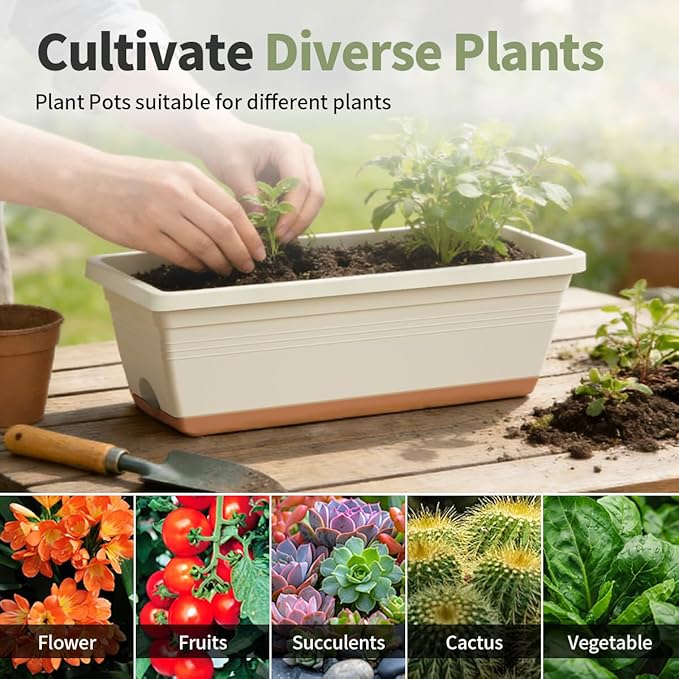 Window Box Planter, 6 Pack Plastic Vegetable Flower Window Planters Boxes 16 Inches Rectangular Flower Pots with Drainage Holes and Saucers (Mixcolor)
