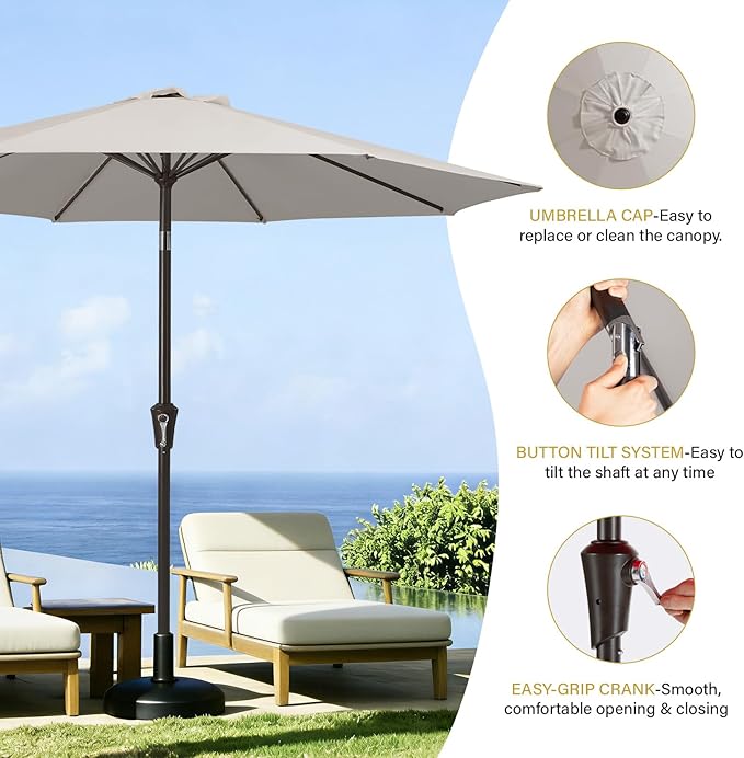 MEWAY 9ft Patio Umbrella Outdoor Table Umbrellas with Push Button Tilt and Crank, Market Umbrella 8 Sturdy Ribs for Deck, Garden, Pool and Backyard, Fog Gray