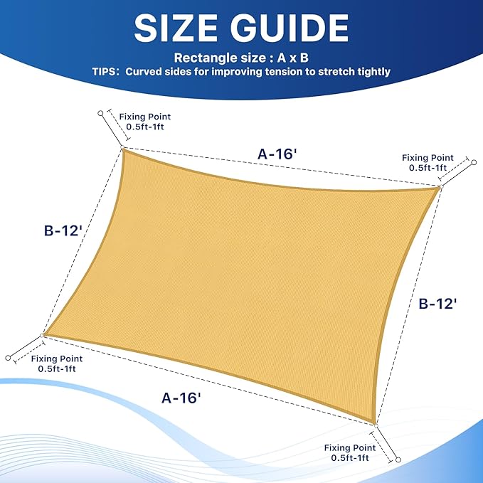 12'x16' Sun Shade Sail, UV Protection Outdoor Shade, Curved Tear Resistant Heavy Duty Sun Shade for Patio Garden, Backyard, Deck, Car Port, Playground, (Sand)