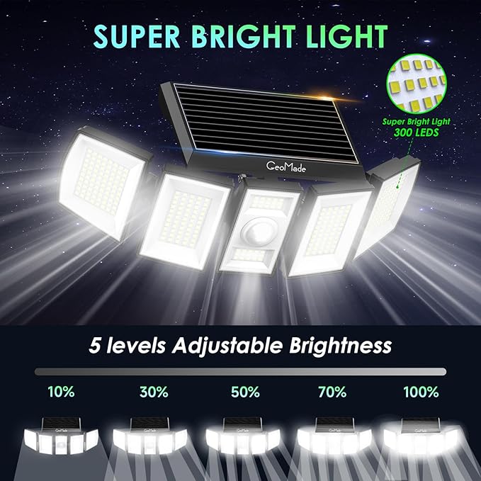 Solar Outdoor Lights, Flood Light Motion Sensor & Dusk to Dawn, Solar Spotlights Outdoor Waterproof, 300 Security LED & Remote Control, 5 Head 270°, Spot lamp for Wall Backyard, 2 Pack