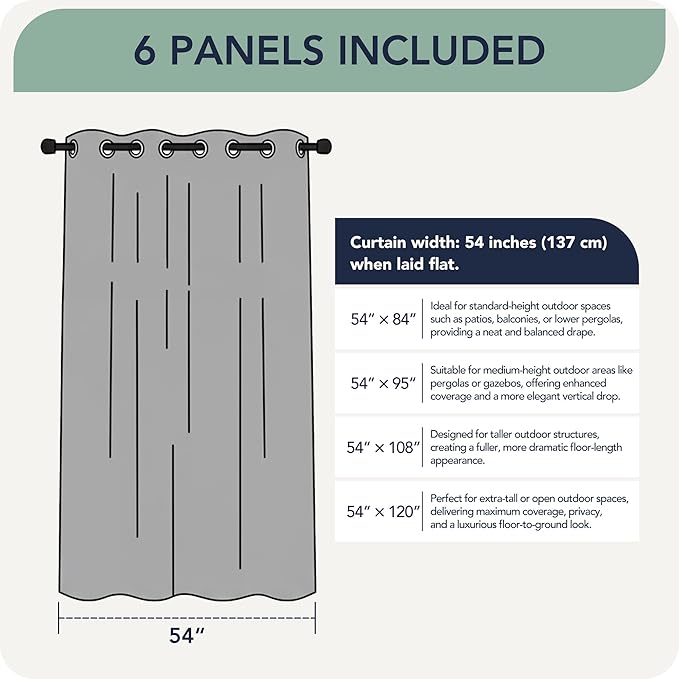 Outdoor Curtains for Patio Waterproof 6 Panels - Windproof, Privacy, Weatherproof Outside Drapes for Gazebo Pergola Porch, Grommet Top and Tab Bottom, 54x95 Inch, Navy