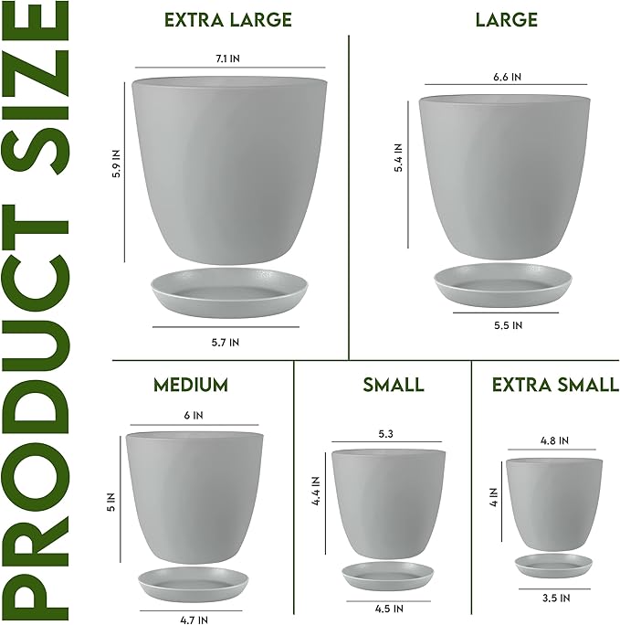 Utopia Home - Plant Pots Indoor with Drainage - 7/6.6/6/5.3/4.8 Inches Flower Pots for Indoor Planter - 5 Pack Plastic Planters - Ideal for Stocking Stuffers or Home Christmas Decorations - Gray