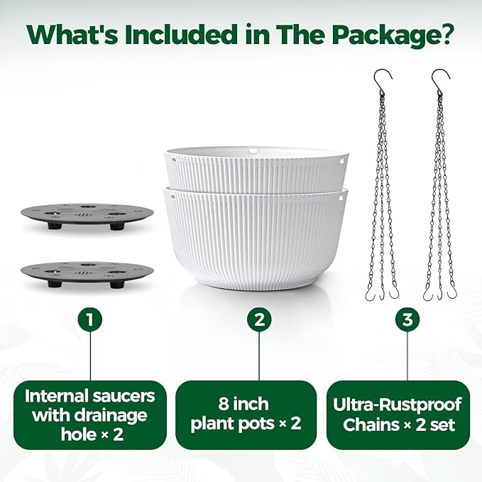 T4U Hanging Planter Self Watering 8 Inch, 2 Pack White Indoor Hanging Plant pots, Hanging Flower Pot with Drainage Hole & Plug & Chain with 3 Hooks for Garden Home Decor
