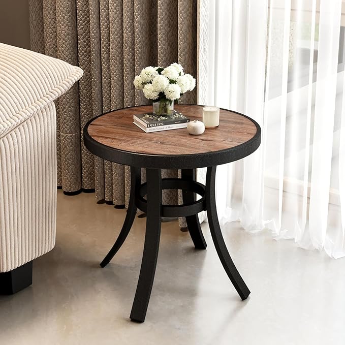 PHI VILLA Outdoor Round Side Table Set of 2, 19" Small Metal End Table with Wood Top, Outside All Weather Coffee Bistro Table for Patio, Deck, Porch, Balcony, Indoor