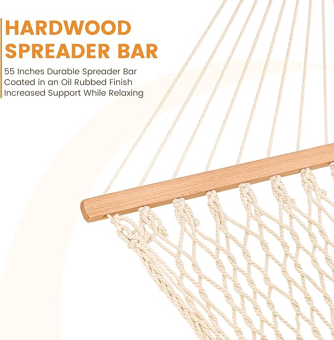 Lazy Daze Hammocks Double Rope Hammock, 2 Person Traditional Outdoor Hand Woven Cotton Rope Hammock with Spreader Bar, Carabiners, Tree Straps, Chains for Patio Yard - Max 450 Lbs, Natural