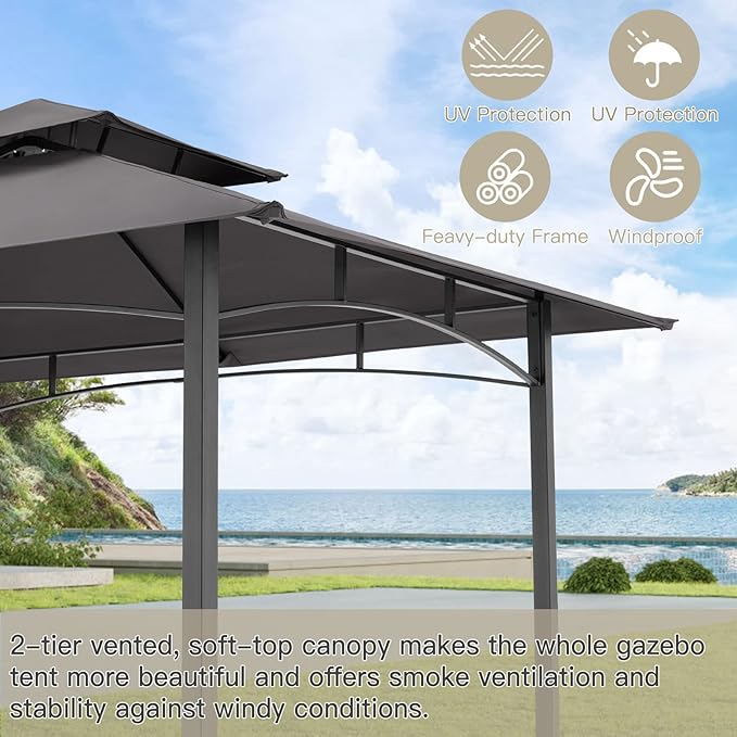 AECOJOY 8' x 5' Outdoor Grill Gazebo Canopy, BBQ Canopy for Outdoor Grill, 2- Tier BBQ Gazebo Shelter for Patio, Backyard and More (Grey)