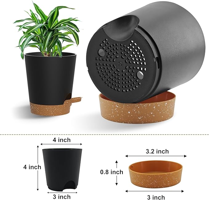 Self Watering Pots, 4 inch Flower Pots with Multi Mesh Drainage Holes, Small Platic Planters for Indoor Outdoor Garden Plants and Flowers (Black with Brown Tray, 4")