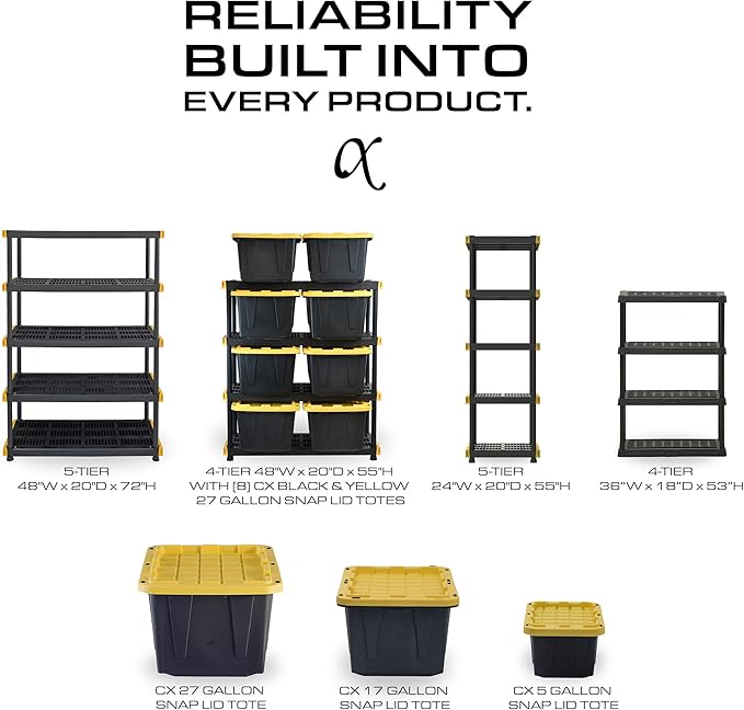 CX 5-Tier Heavy Duty Plastic Storage Shelves that Support up to 150lbs/shelf, Organization and Storage, Weather-Resistant Design, Easy Assembly, Black (72”H x 36”W x 18”D)