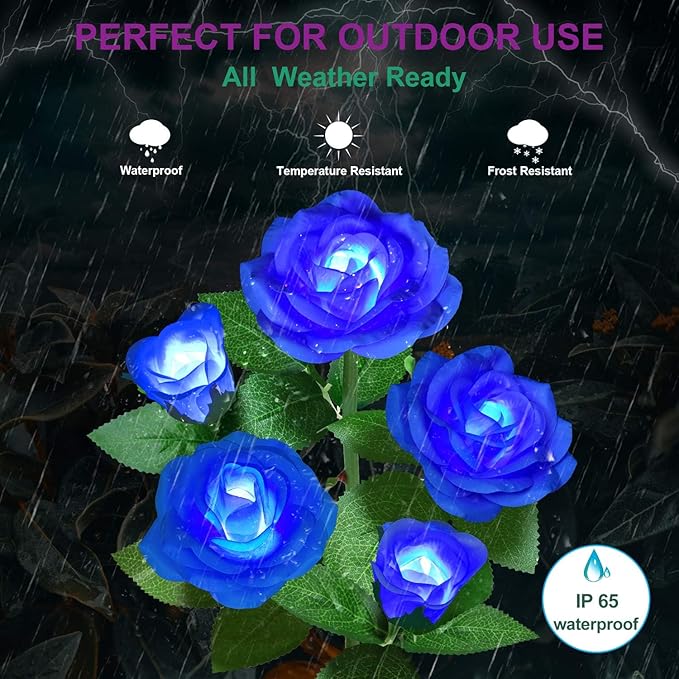 Solar Flower Lights Outdoor - Upgraded New Material Two Modes Realistic LED Solar Powered Waterproof Lights with 5 Roses, Solar Decorative Stake Lights for Garden (Blue, 4 Pack)