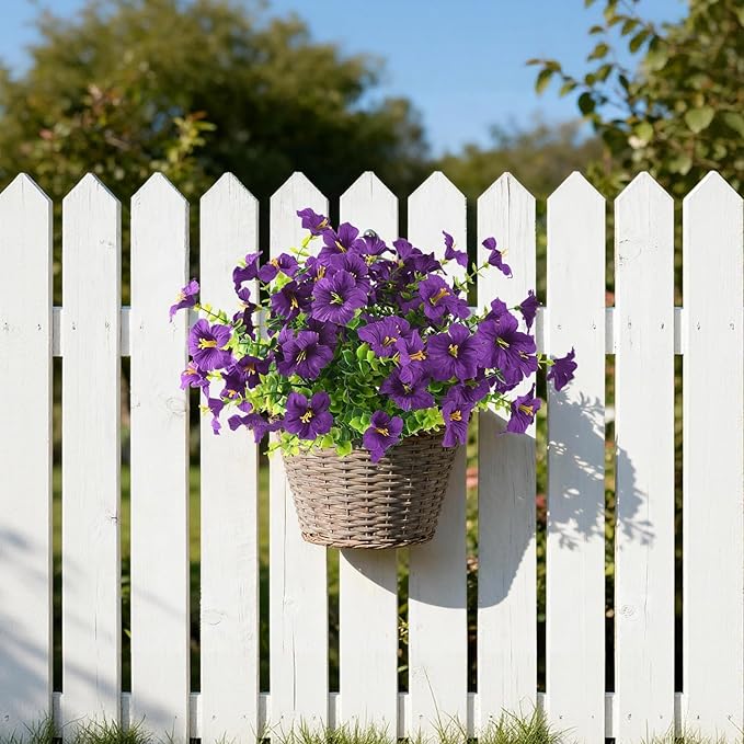 INQCMY Artificial Fake Petunias Flowers for Outdoors Spring Decoration, 12 Bundles Faux Flower Plants UV Resistant Purple Realistic Silk Flower for Outside Planters Patio Porch Yard Window Box