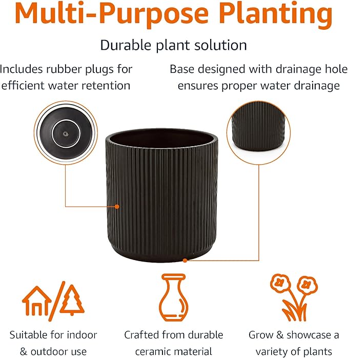 Amazon Basics Fluted Ceramic Round Planter with Drainage Hole, Indoor Outdoor Flower Pot, 8-inch, Black