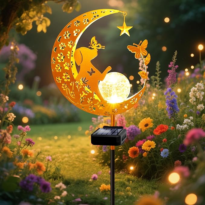 ZNYCYE Solar Lights Outdoor Decorative Moon Dog Butterfly Solar Stake Lights Birthday Gifts for Women mom Grandma, Garden Decor Waterproof for Walkway, Yard, Lawn, Patio (Warm White)