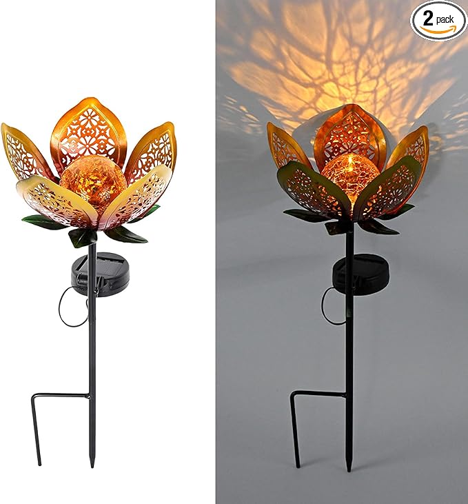 2Pack Solar Lights Outdoor Garden Decor,LED Lotus Flower Lamp, Metal Tulip Solar Lawn Lamp for Courtyard Decoration, Garden Gifts for Women