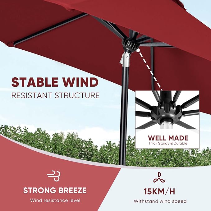 Tempera Patio Market Outdoor Table Umbrella with Auto Tilt and Crank, Large Sun Umbrella with Sturdy Pole & Fade Resistant Canopy, Easy to Set