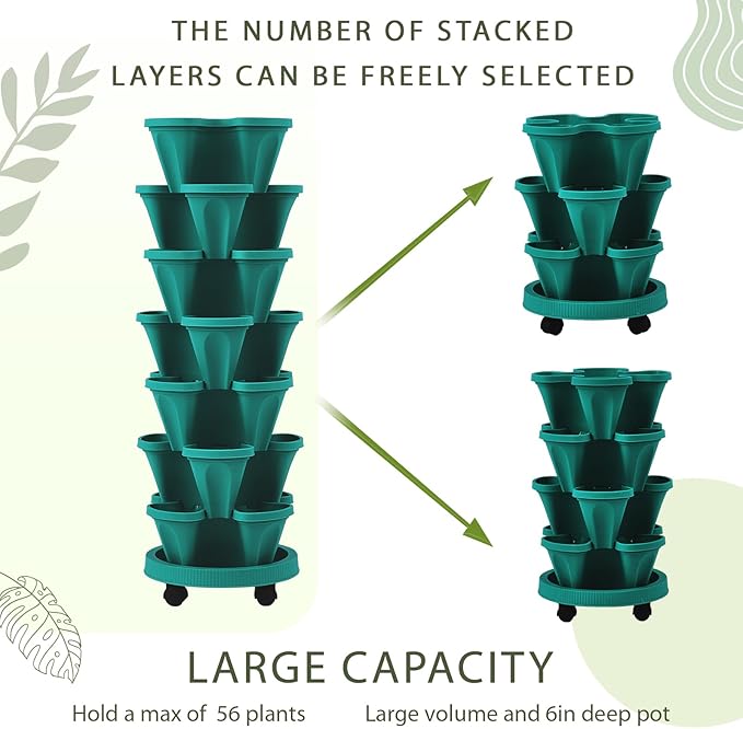 Umigy 2 Set of 7 Tier Vertical Planter Stackable Tower Planters Strawberry Herb Flower and Vegetable Pots Indoor Outdoor Gardening Pots with Removable Wheels and Tools(Green)