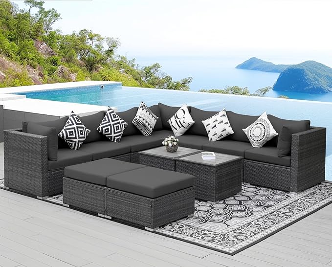 NICESOUL 11 Piece Modern Outdoor Furniture Sofa Set, Extra Large Size Wicker Patio Modular Sectionals, 29.3'' High Back All-Weather Conversations, Deep Wide Seats Sofa Couches for Backyard Deck, Grey