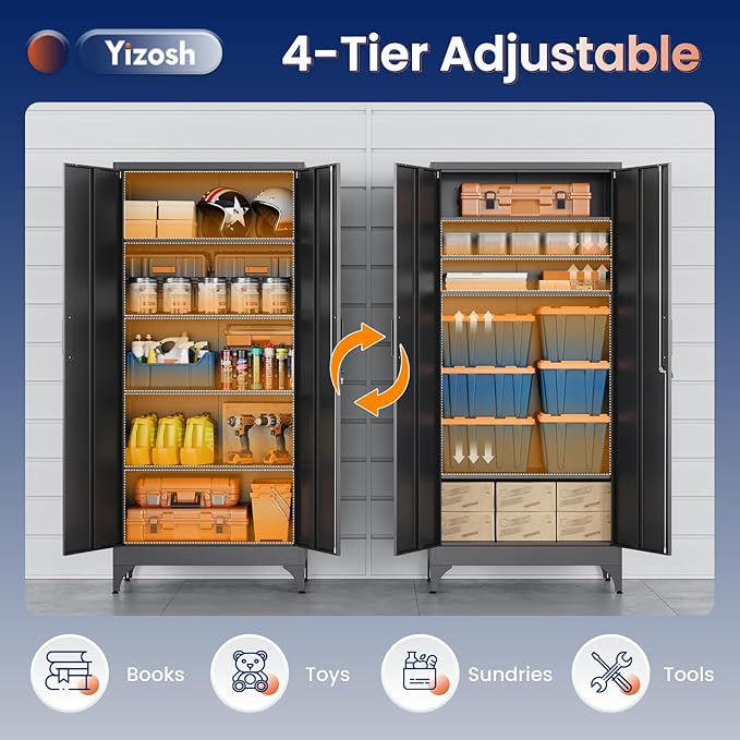 Yizosh Metal Garage Storage Cabinet with 2 Doors and 4 Adjustable Shelves - 71" Steel Lockable File Cabinet,Locking Tool Cabinets for Home,Office,Garage,Gym,School